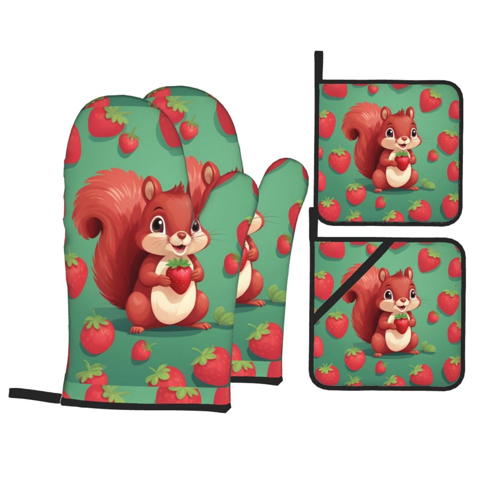 HJFCZH Squirrel in A Strawberry Picture Kitchen Baking Set of 4 Thick Insulated Oven Mitt & Pot Holders, Anti-Scalding for Microwave, Oven, Outdoor BBQ