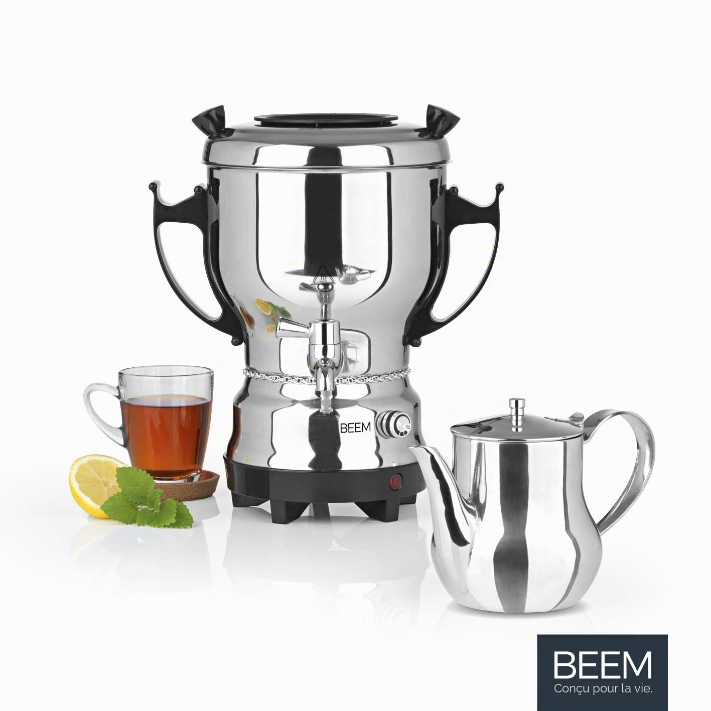 BEEM Tea-Classic Samovar - 3L | Acier Inoxydable | Grande théière Aussi pour la Restauration | avec Robinet de vidange en Acier Inoxydable | Régulateur de température réglable | avec théière de 1 L