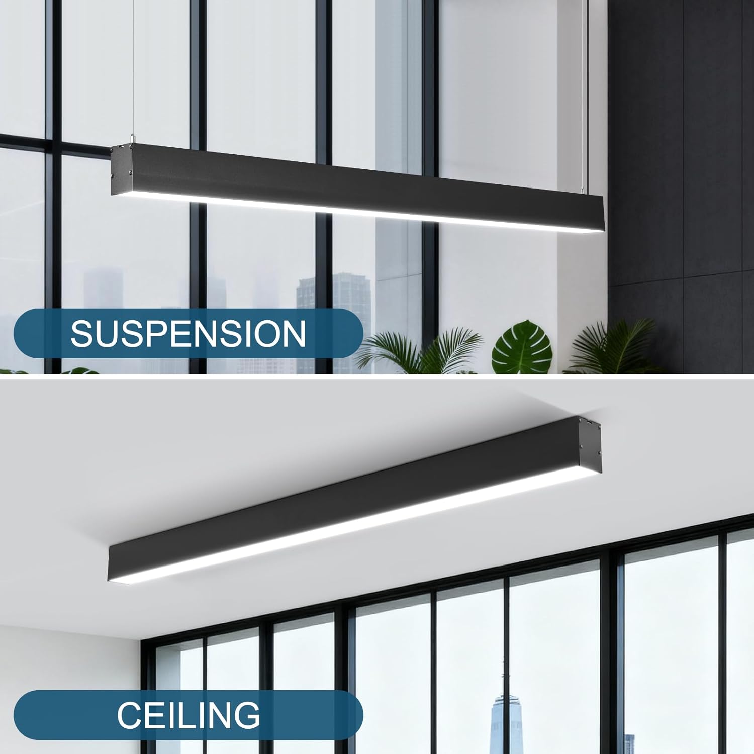 4FT LED Linear Lights, 45W 3000K-6000K Selectable Hanging Light with Remote, 4’ Suspended Linear LED Lighting Fixture for Commercial Shop Offices Garage Basement Black, 4 Packs