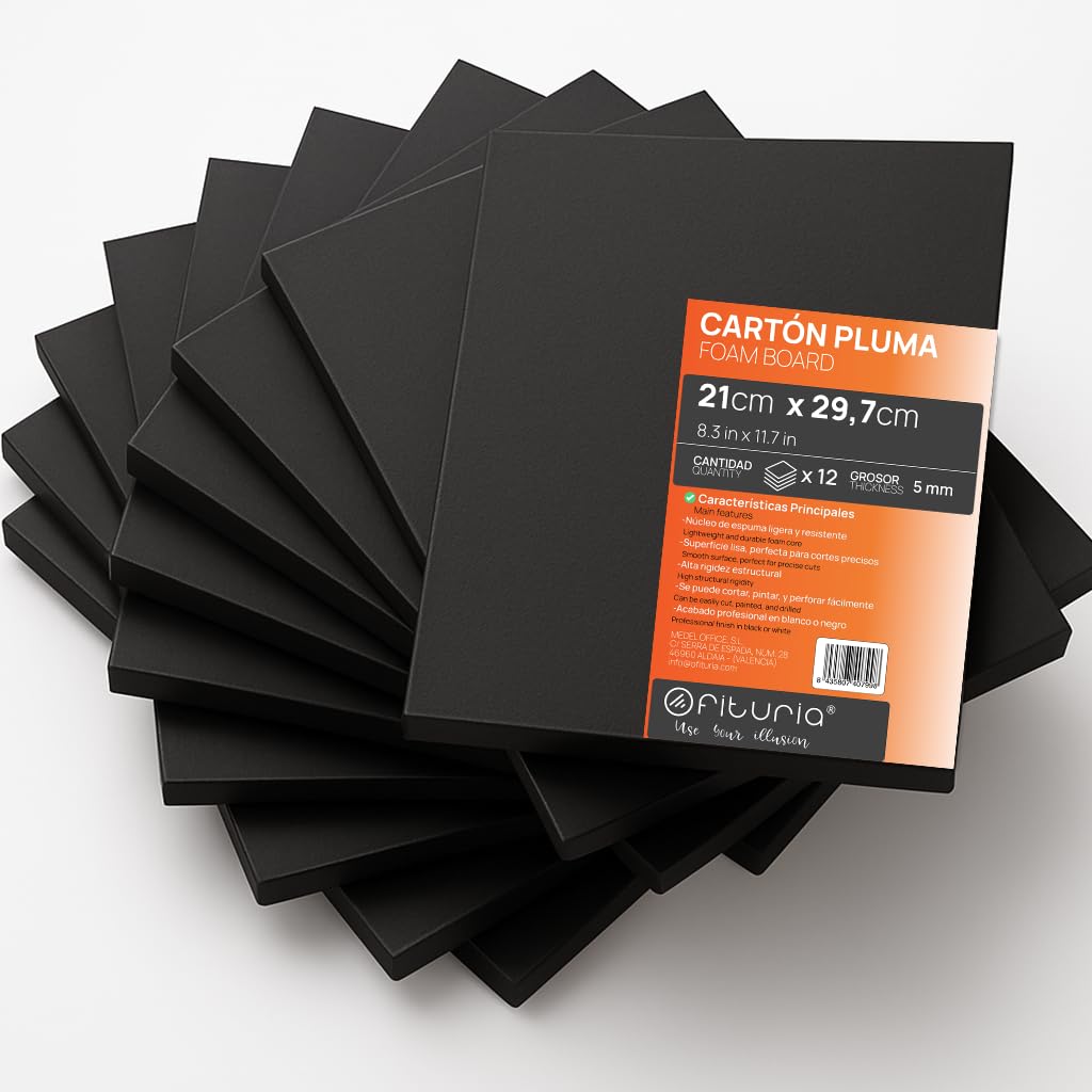 OFITURIA Foam Board, Black, A4 (21 x 29.7 cm), Pack of 12, Expanded Polystyrene Plate, Lightweight and Rigid, Foam Board, Versatile and Cuttable, for Crafts and Models, 5 mm