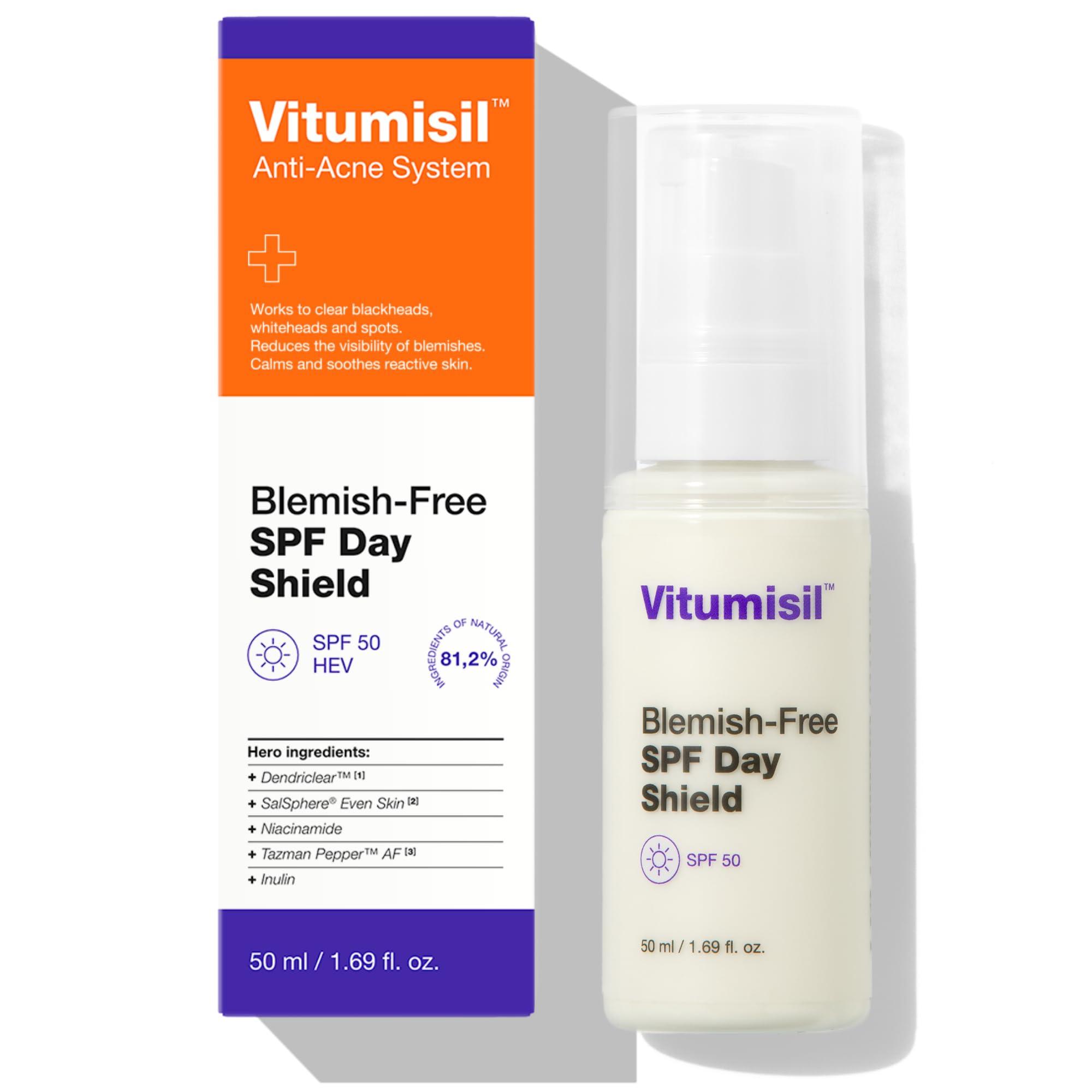 Dermz Vitumisil Regenerating SPF 50 Day Cream, Anti‑Acne, Seboregulating Sun Protection with Niacinamide & Dendriclear™