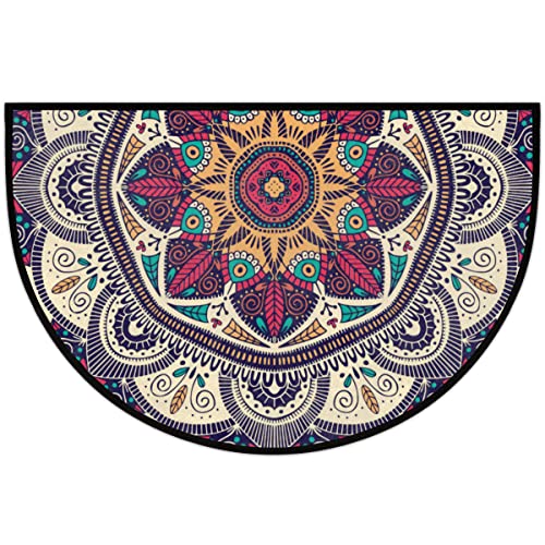 Ethnic Mandala Flowers Floral Half Round Doormat Water Absorption Half Circle Rug Non-Slip Semi Circle Area Rugs Durable Wear Resistant Indoor Entrance Doormat For Bathroom Bedroom Home Decor 36X24 In #TOP29