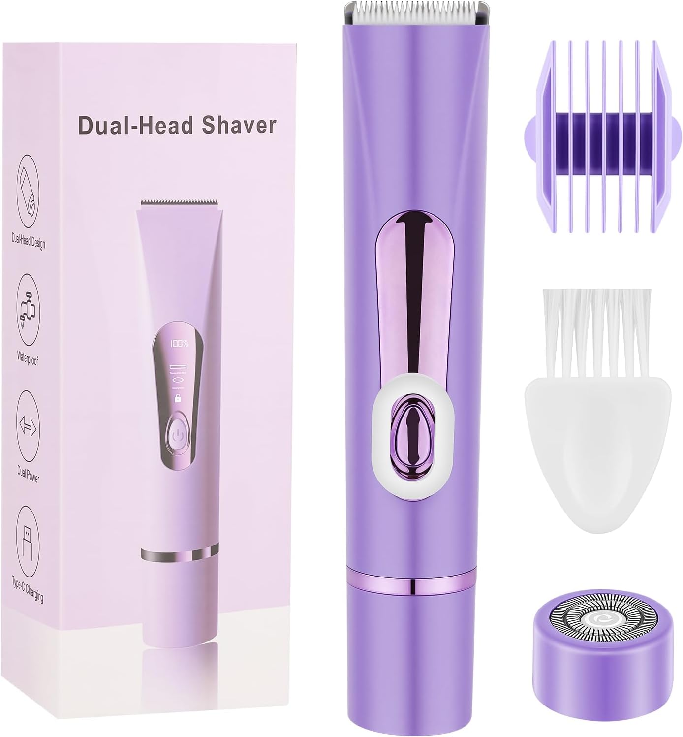Bikini Trimmer for Women, 2 in 1 Dual Head Electric Shaver, Ceramic Blade, IPX7 Waterproof, LCD Display, USB Rechargeable Cordless Wet/Dry Painless Hair Removal for Face, Body & Bikini Line (Violet)