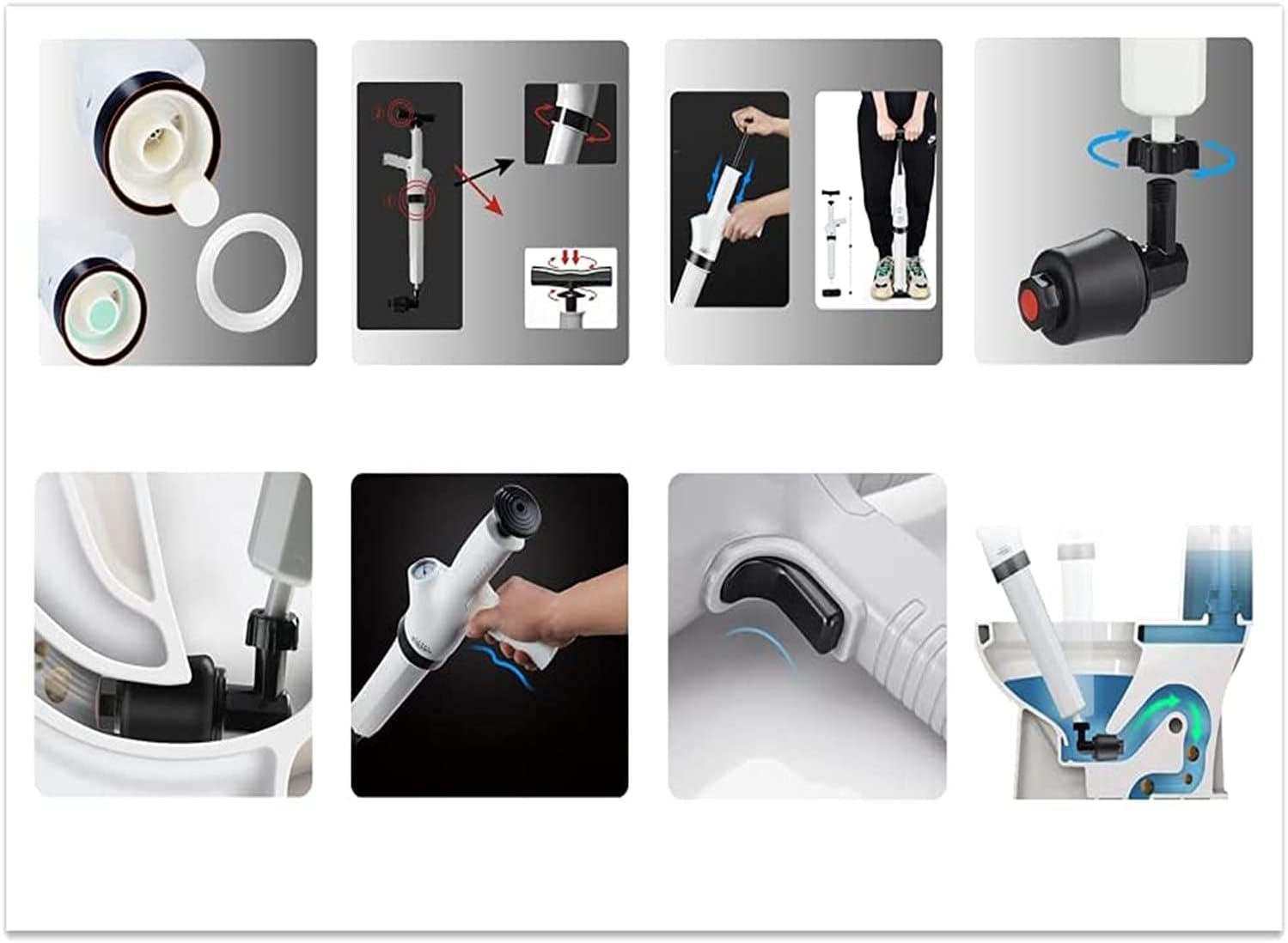 9in1 Pneumatic Plunger Kit With Inflatable Toilet Head and Waterproof Membrane, Air Drain Blaster Gun High Pressure, Detachable Assembly Sewer for Clogged Toilet Kitchen Sink Bathroom Floor Drain Pipe - - 