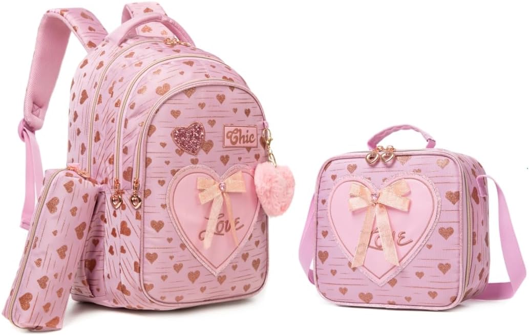 Conjunto de Mochila Infantil 3 Peças, Corações e Laço, Mochila Escolar com Bolsa Térmica e Estojo (Rosa)