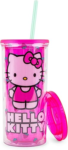 Miniatura 2 de Sanrio Hello Kitty Berry - Vaso de plástico para carnaval, vaso de viaje con tapa y popote reutilizable, capacidad para 20 onzas