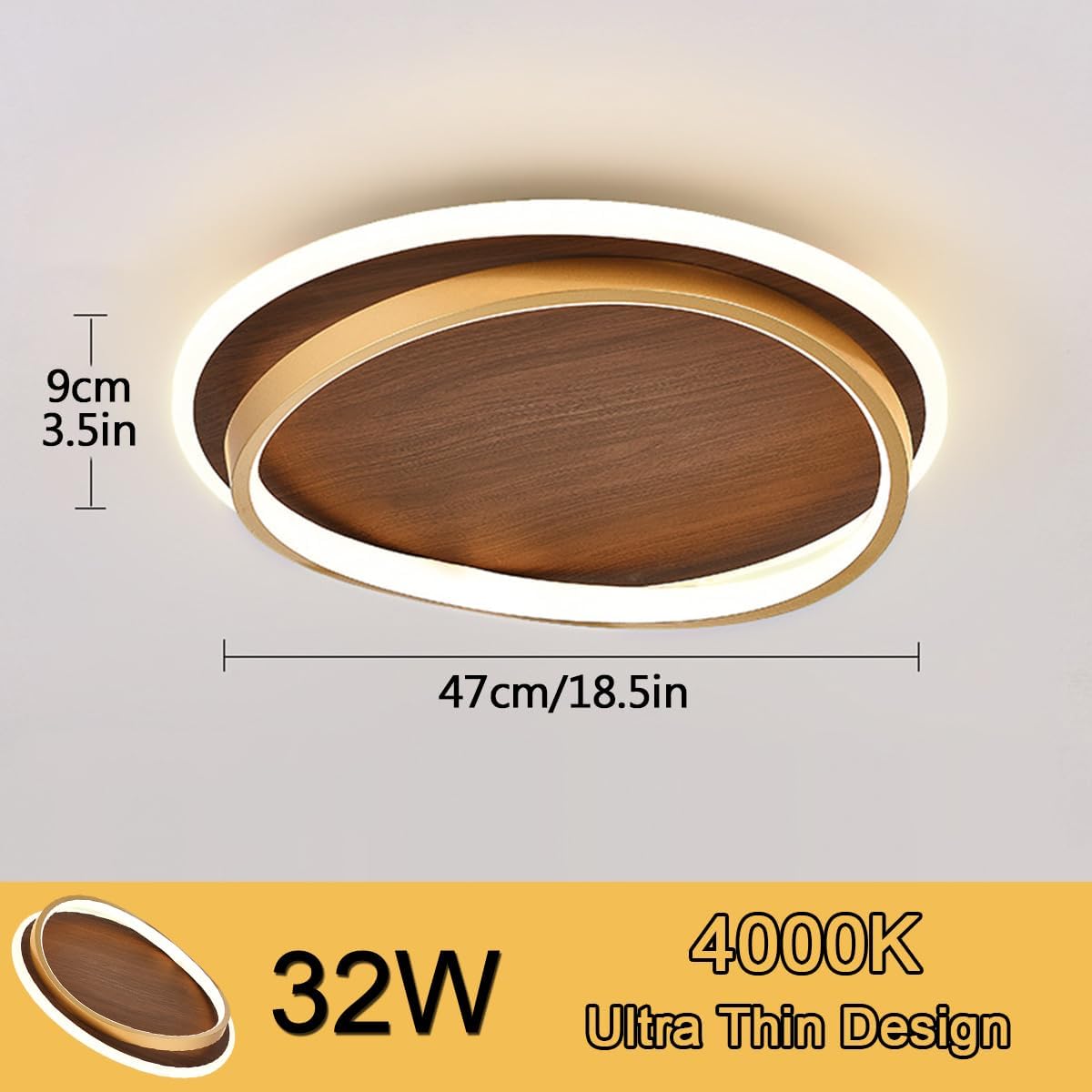 Ceiling Light 18.5 Inch 32W Close to Ceiling Lighting with Wood Color Inside Round Shaped Metal & Acrylic Flush Mount Ceiling Lights Minimalist Ceiling Lamps for Kitchen Hallway 4000K