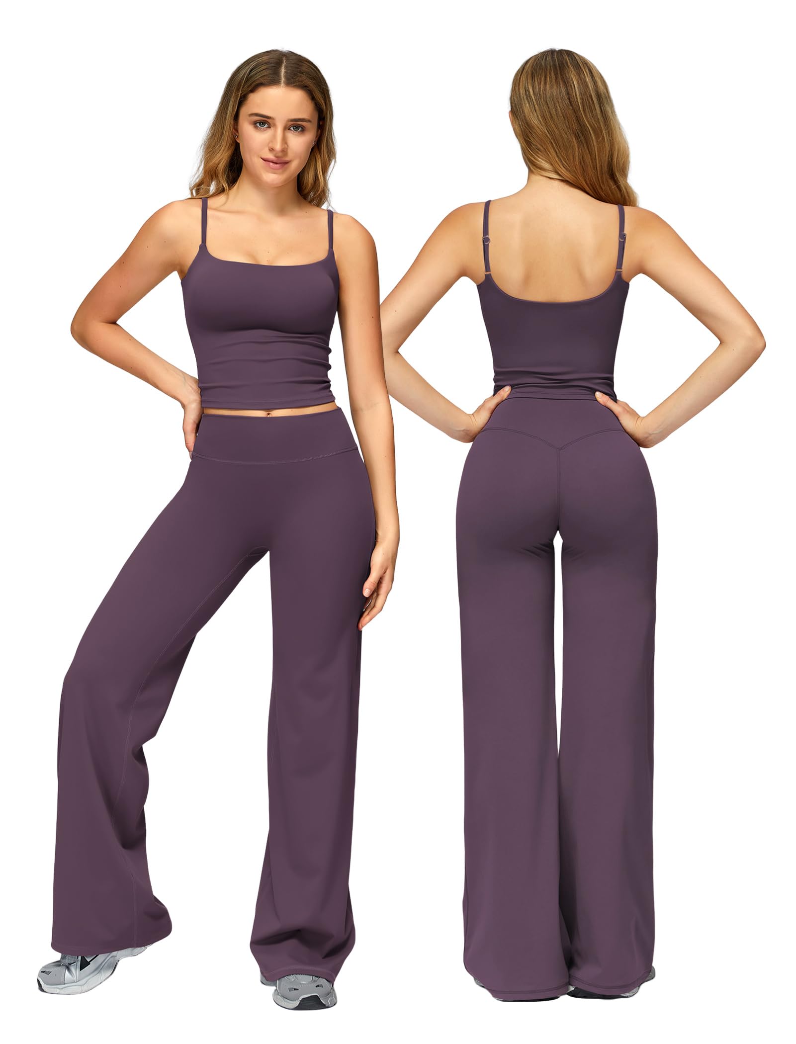 Odizli Conjunto de deporte para mujer, camiseta de espaguetis con sujetador integrado + cintura alta pierna ancha, leggings para fitness, gimnasio, yoga