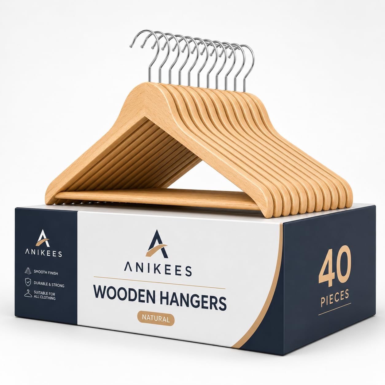 Wooden Coat Hangers, Set of 40, Light Brown, Sturdy Pant Bar, Anti-slip Design, Extrawide Shoulder Design, Rust Free 360° Rotating Hook (40)