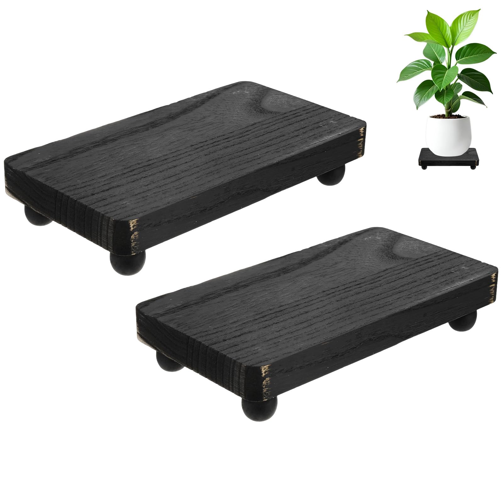 M METERXITY 2-Pack Plant Risers for Inside Pots, 20 x 11 Cm/7.87 x 4.33 Inch Wooden Tray for Kitchen/Bathroom/Farmhouse/Decor/Soap/Dish/Perfume, Pots Stand [Black]