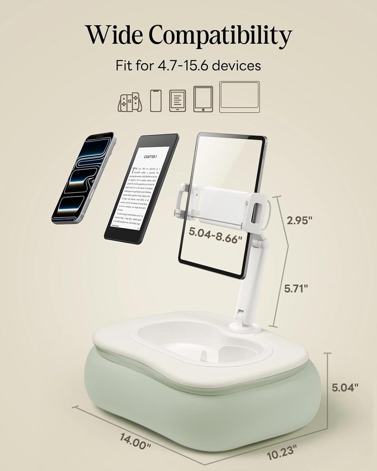 SAIJI Tablet Pillow Stand for Bed, Stable iPad Holder with Food-Grade Snack Bowl, Adjustable Kindle Pillow Stand for Reading, Suit for 4.7-15.6" Kindle,iPad,iPhone,Tablet,Switch, Galaxy, Green