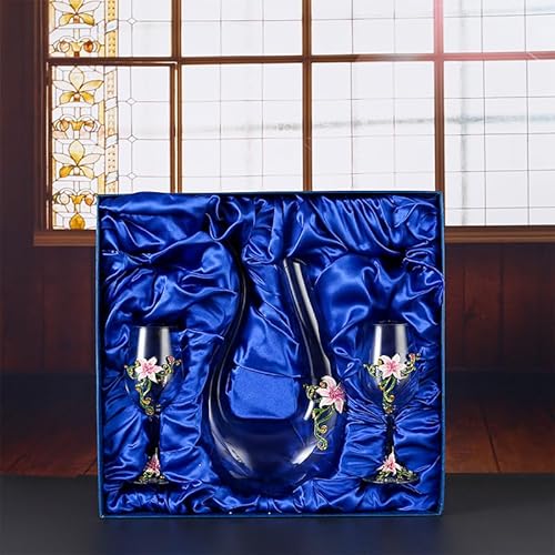 Classic Wine Carafe with Enamel Design, Lead-Free Crystal Glass, Wide Stable Base & Easy-Clean Neck for All Wines(Pink-1 Decanter+2 Cups)