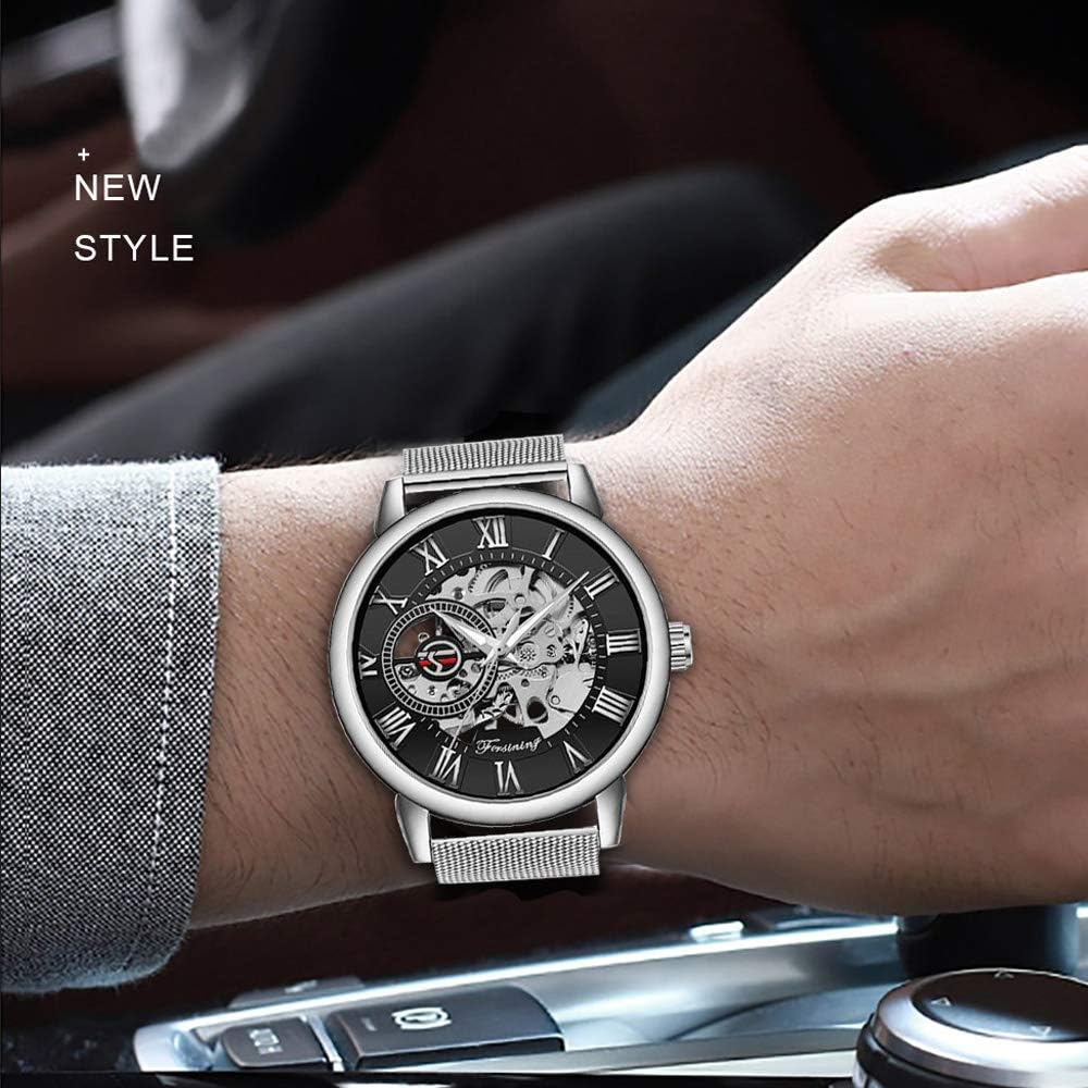 Gosasa Reloj mecánico de cuerda manual para hombre, ultrafino, esqueleto hueco, pulsera de acero inoxidable, reloj de pulsera de malla, Plateado negro, Moderno