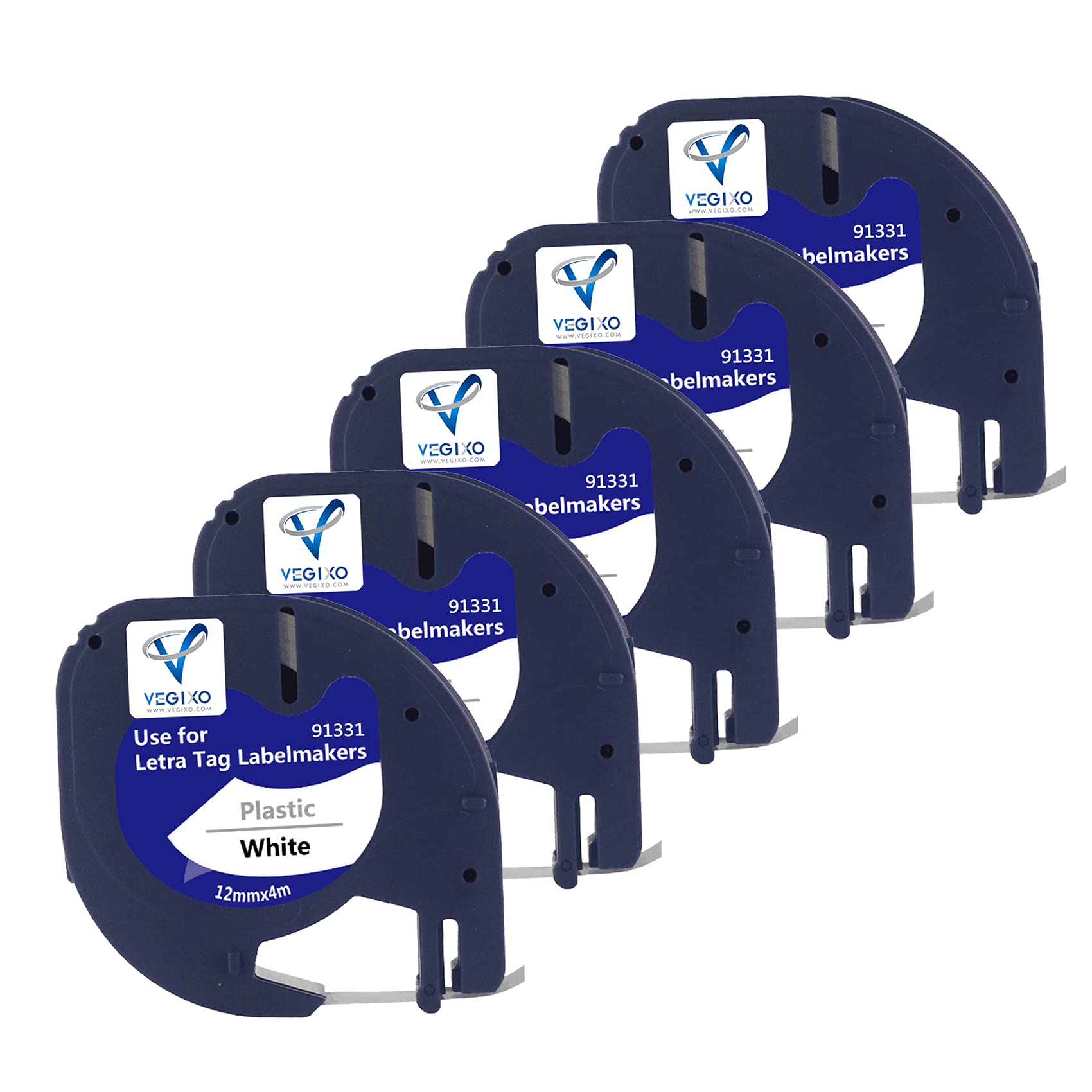 VEGIXO 12mm X 4m - Black on White LetraTag Plastic Label Tape Pack of 5- Replacement for 91331 (91201 S0721660) Dymo ‎Label Printer Tape, Compatible with Dymo Label Maker LT100H LT100T QX50 (5)