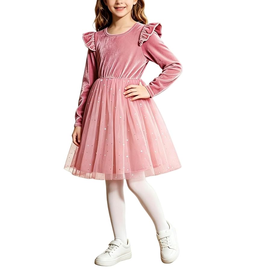 Weihnachtskleid Mädchen Samtkleid Christmas Tüllkleider Weihnachten kleid | Weihnachtskleidung Herbst Kleider Langarm Midikleid Girl Winterkleid Kinder Abendkleid Cocktailkleid Rosa 140, Bild 5
