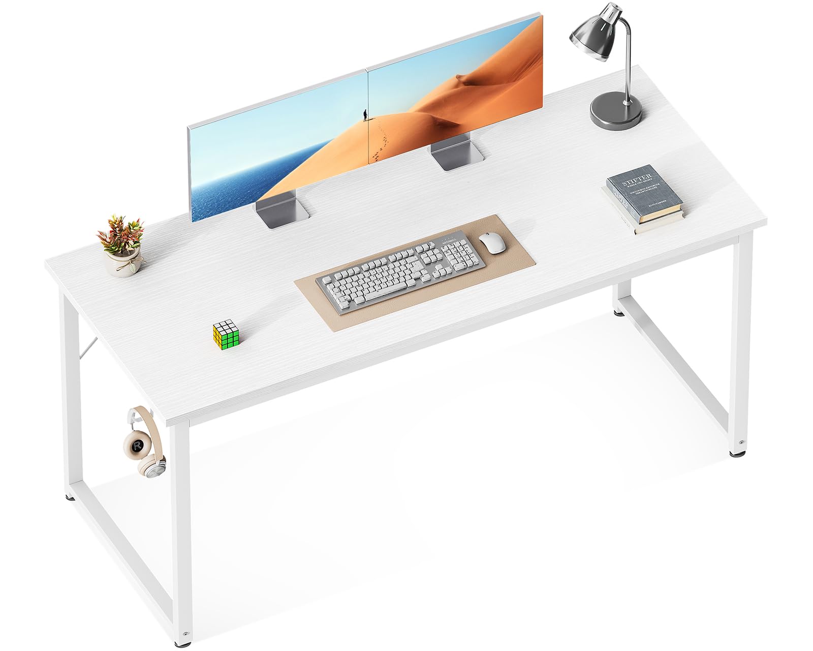 ODK 54 Inches Large Computer Desk for Home Office, Modern Desk for Small Spaces, Writing Desk with Headphone Hooks, White