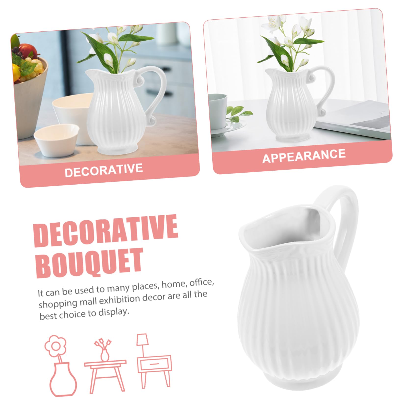 Vase Pichet en Céramique Blanche Style Ferme, Décoratif | Forme Pichet Européenne, pour Fleurs et Plantes Hydroponiques, Boutique de Fleur ou Maison