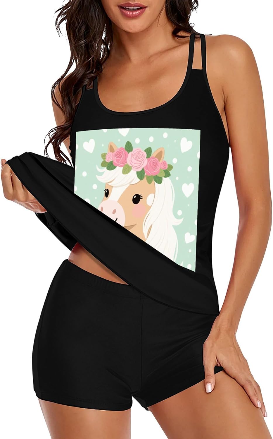 Cute Horse with Flowers Tankini Swimsuits for Women Tummy Control Two Piece Bathing Suits Swim Tops with Boy Shorts