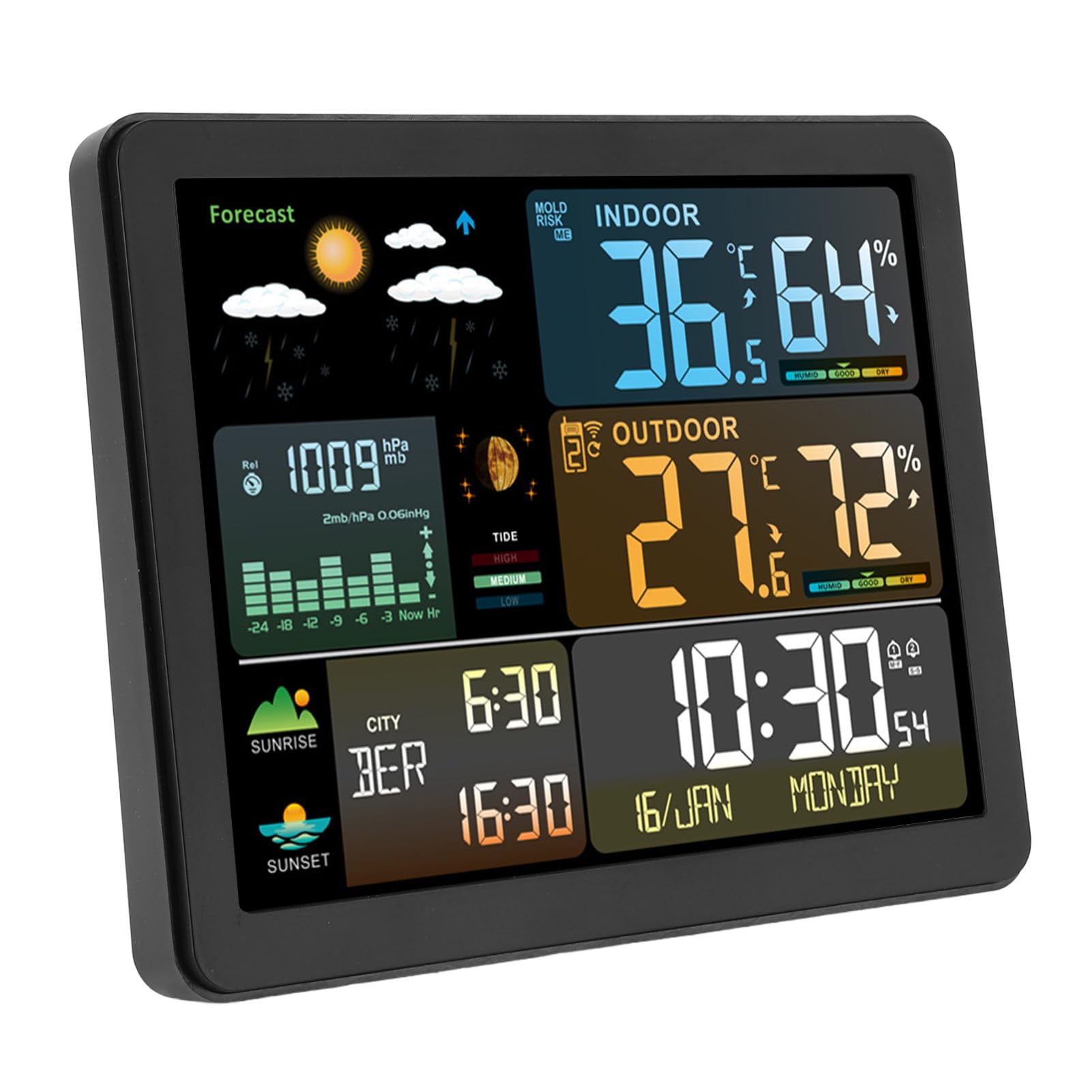 Stazione Meteorologica Termometro per Interni Ed Esterni Senza Fili, Display a Colori Termometro Digitale Monitor di umidità con Orologio Atomico, Pressione Barometrica, Stazione