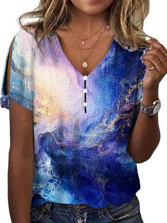 Summer Tops for Women Marble Graphic Fashion Short Sleeve V Neck Blouses Dressy Cas...