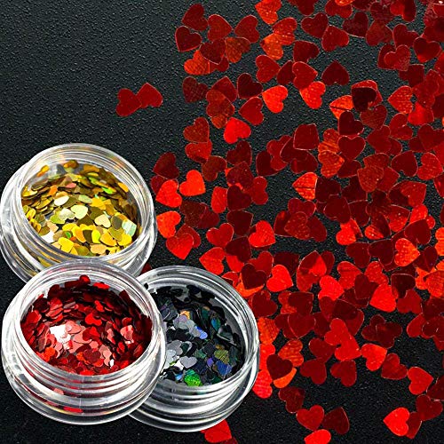 Nail Art Decals Heart Holographic Nail Art Sequins Glitter Kits Valentines Day Nail Art Supplies Kit Sweet Love Heart Nail Glitter Sequins Gold/Red/Black Shinning Manicure Tips 3 Box