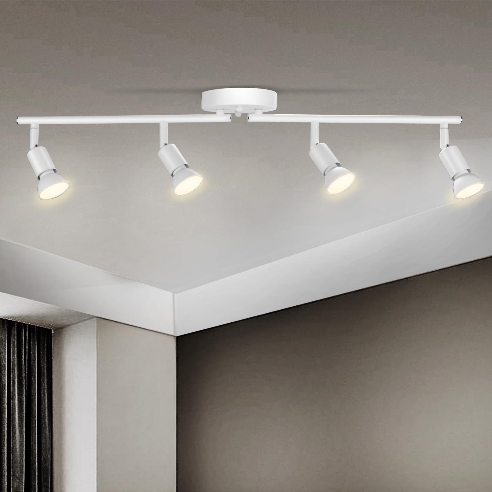 Accesorio de iluminación de riel de 4 luces, cabezales giratorios GU10, blanco mate, bombillas no incluidas, perfecto para cocina, oficina, lavandería, comedor