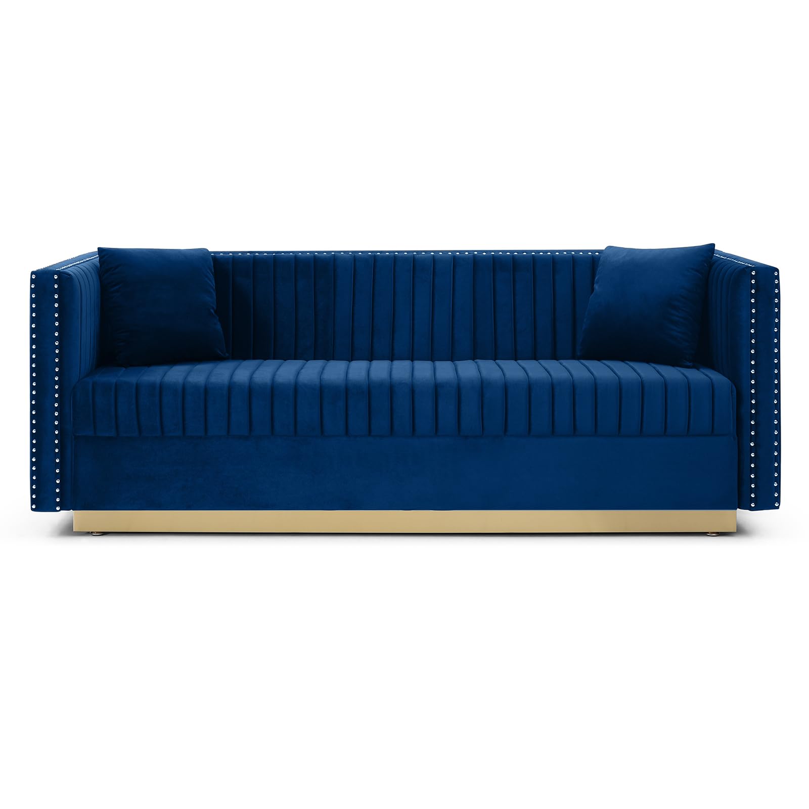 78" Velvet Upholstered Sofa,Modern Tufted Couch 3 Seater,Square Arm, with Nailhead Trim and 2 Pillows for Living Room, Office (Blue)