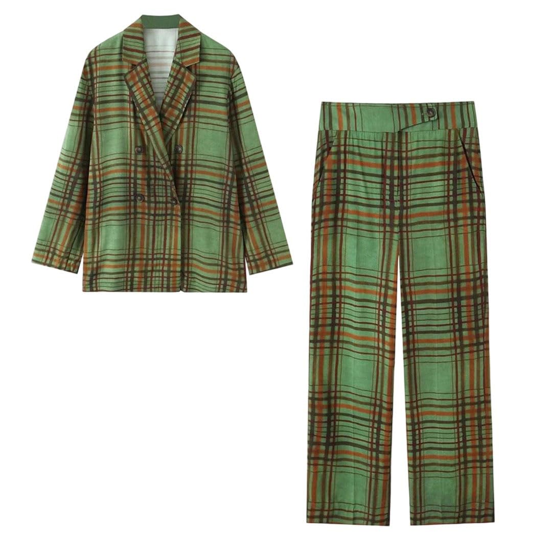 Womens Loose Lapel Double-Breasted Long-Sleeved Spring Summer Plaid Blazer and Flared Trousers Set