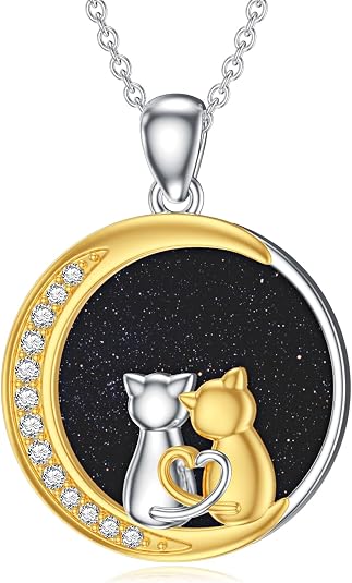 Moon & Cat Necklace 925 Silver with Lab Diamond for Women