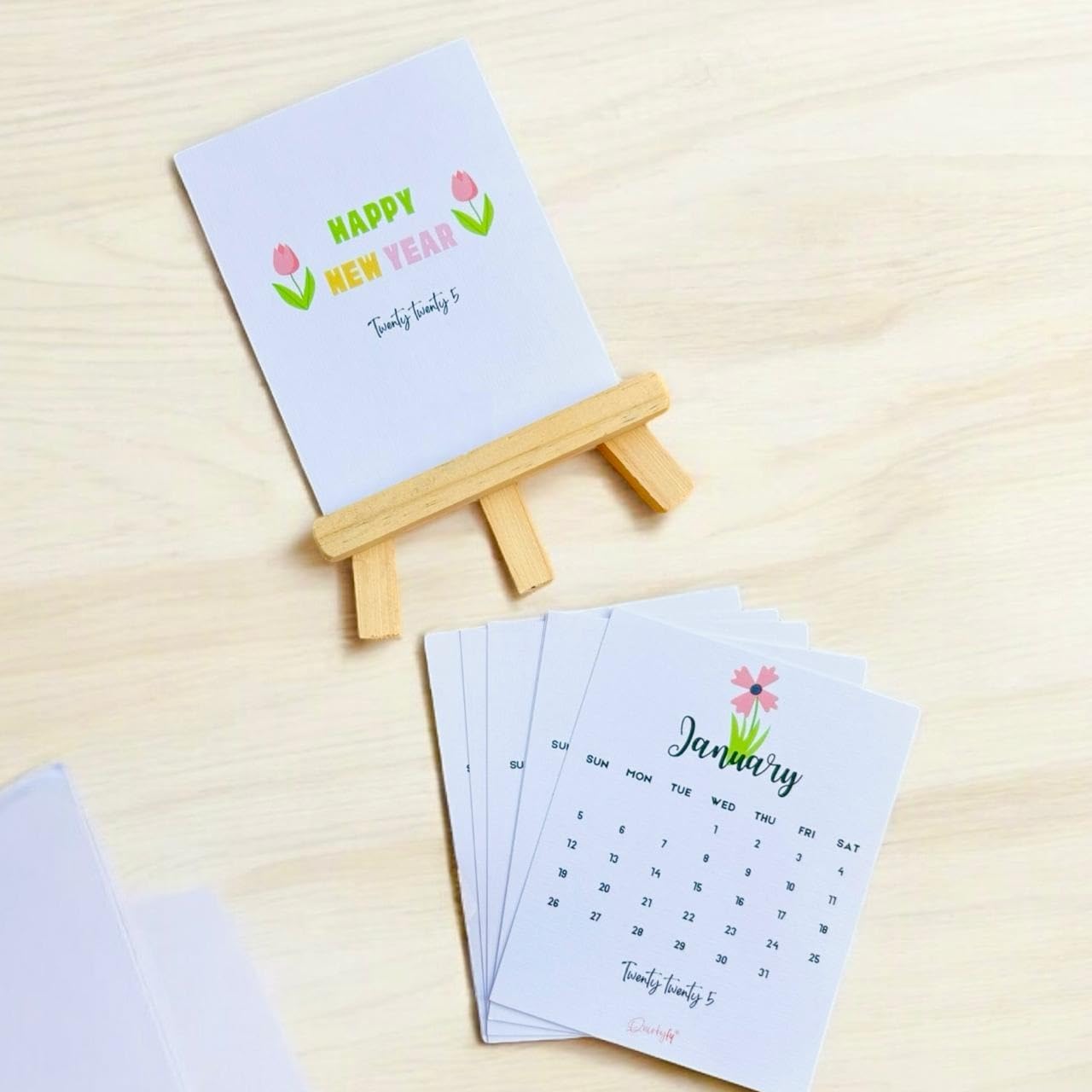 Purestory Calendar 2025 | 2025 Study Desk Calendar | Floral Design With Wooden Easel Stand