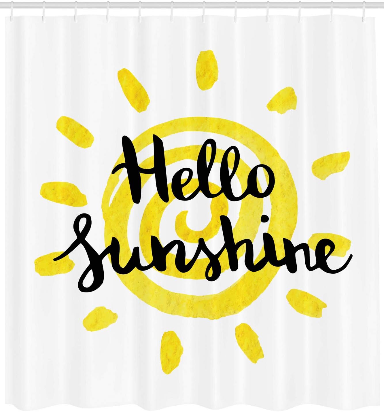 Ambesonne Hello Sunshine Shower Curtain, Spiral Sun Motif Watercolor Style Background with Hand Lettering, Cloth Fabric Bathroom Decor Set with Hooks, 69" W x 75" L, Yellow Charcoal Grey