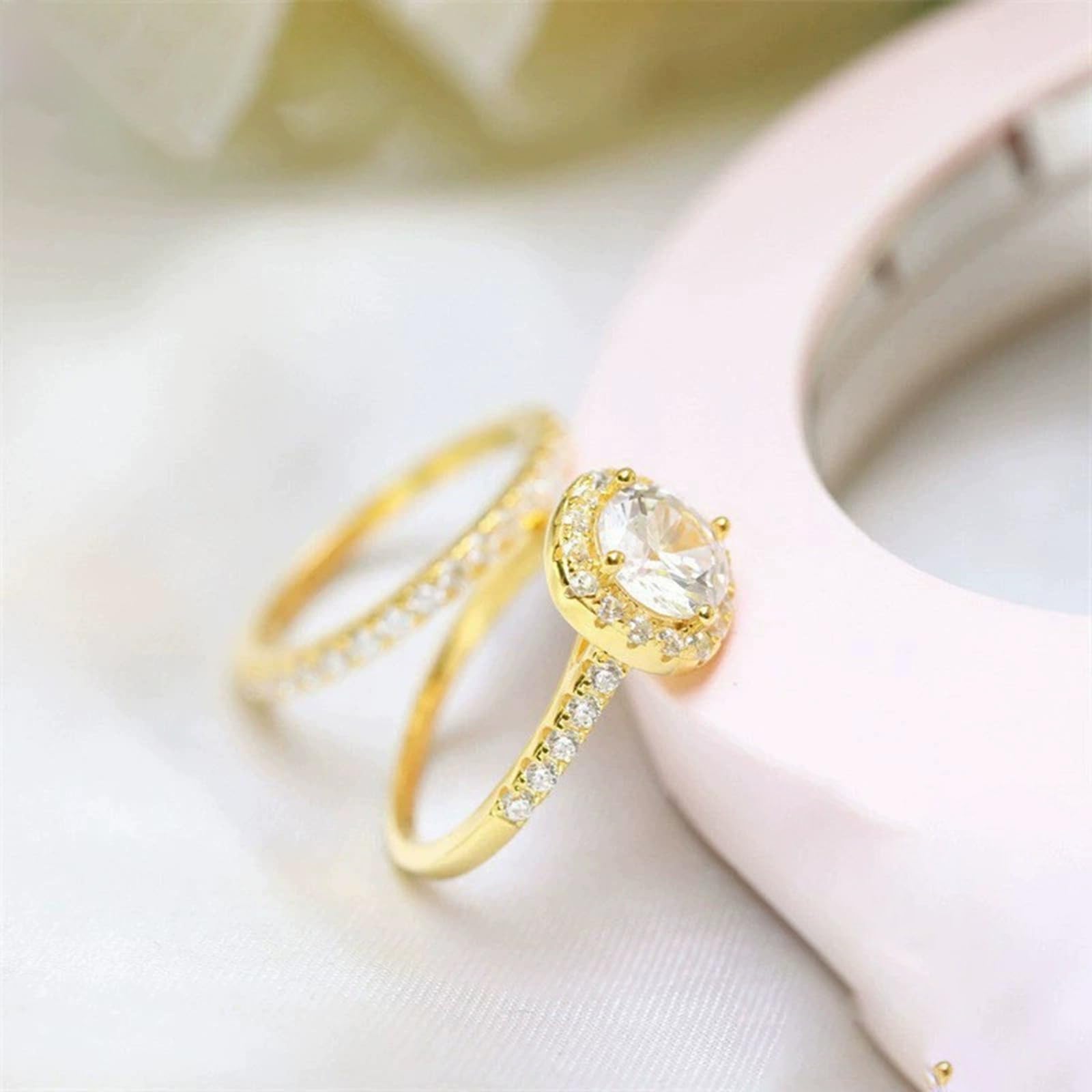 Anello da donna in argento 925 con pavé rotondo e aureola, set di 2 anelli da donna in oro con zirconia cubica da 7 mm