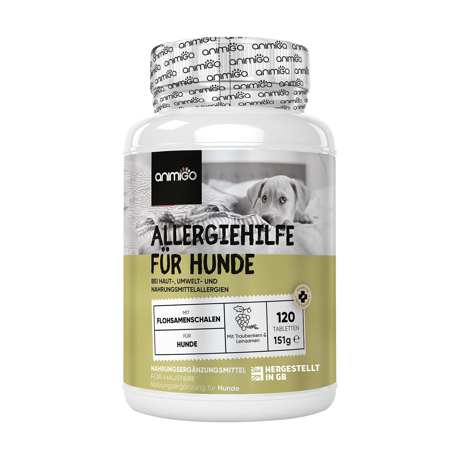 animigo Allergiehilfe für Hunde - 120 Allergie Tabletten für Haut-, Umwelt- & Nahrungsmittelallergien - Mit Kurkuma, Flohsamenschalen, Leinsamen, Traubenkernextrakt, Kürbiskern, Mit Huhn Geschmack