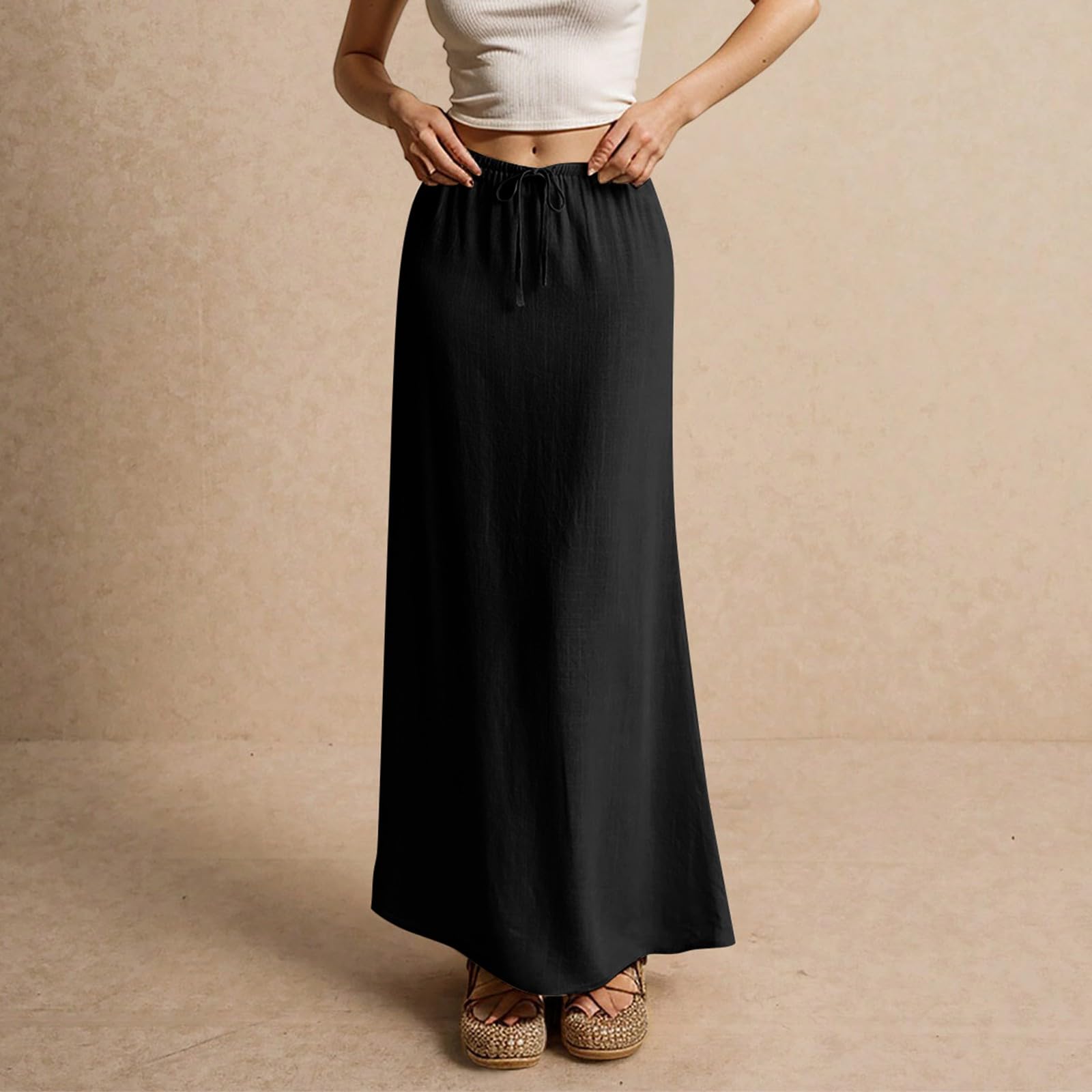 Générique Jupe Longue Femme Été Bohème Coton Lin Plage Vacances Jupes Ankle Maxi Taille Haute Elastique Robe Longue Mi-Corps