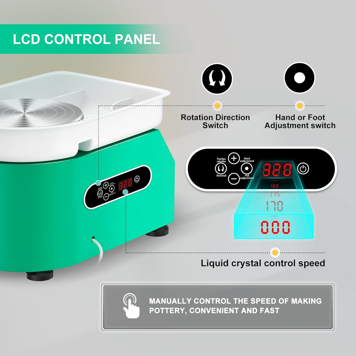 Torno Alfarero, Táctil y Pedal de Control, 25CM Plato Giratorio Lavabo Extraíble, 350W, 0-320 RPM Torno de Alfarero de Cerámica Kit Ceramica para Niños y Adultos Potter