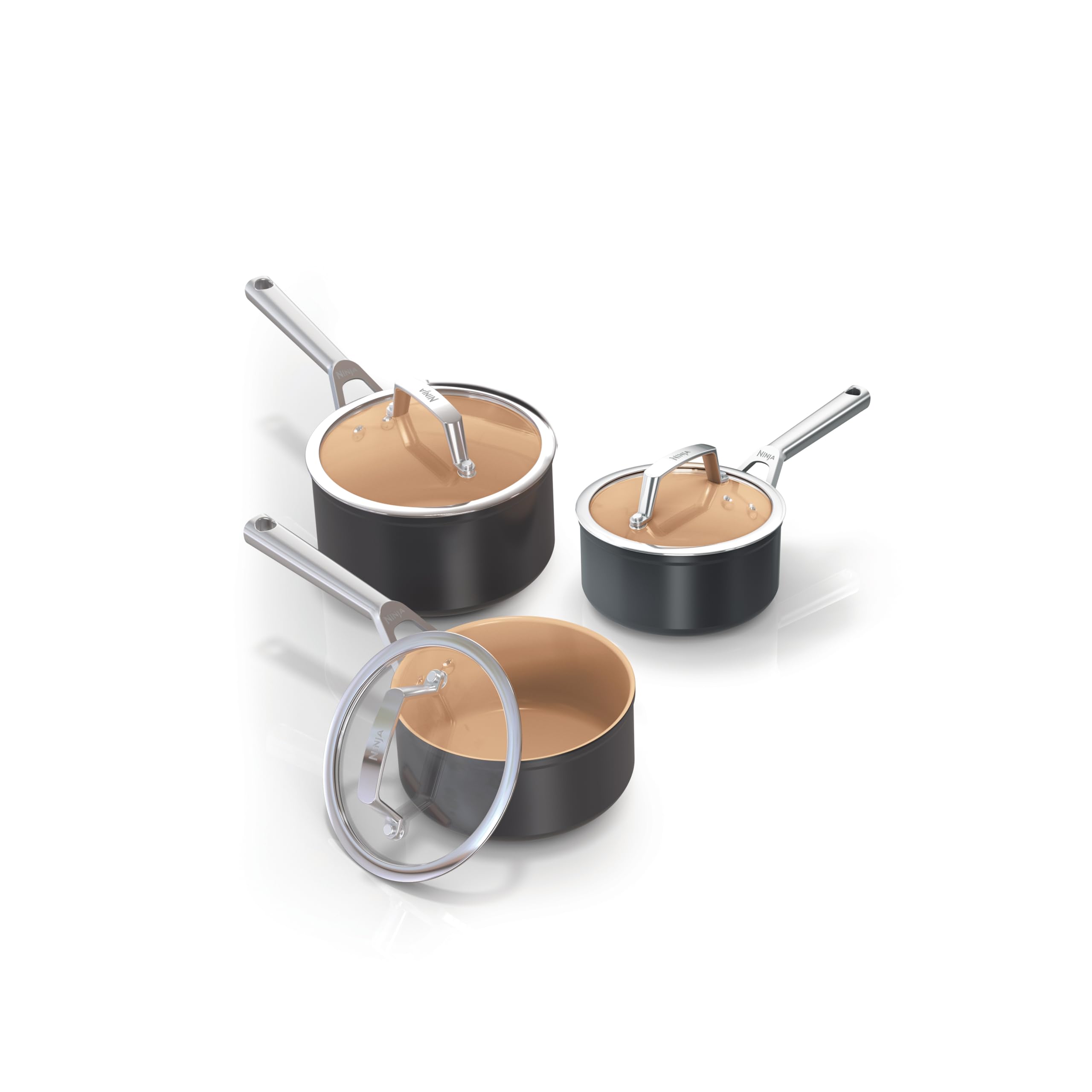 Set De 3 Casseroles Ninja Extended Life - Céramique Anti-Adhésive Sans Produits Toxiques - Compatible Induction - 16, 18 Et 20 Cm