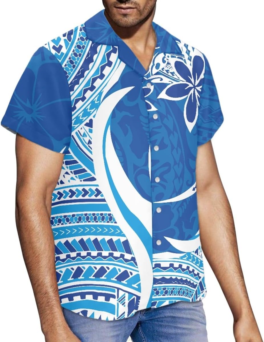 GLUDEAR Men's Polynesian Tribal 3D Print Casual Button Down Short Sleeve Cuba Collar Shirt