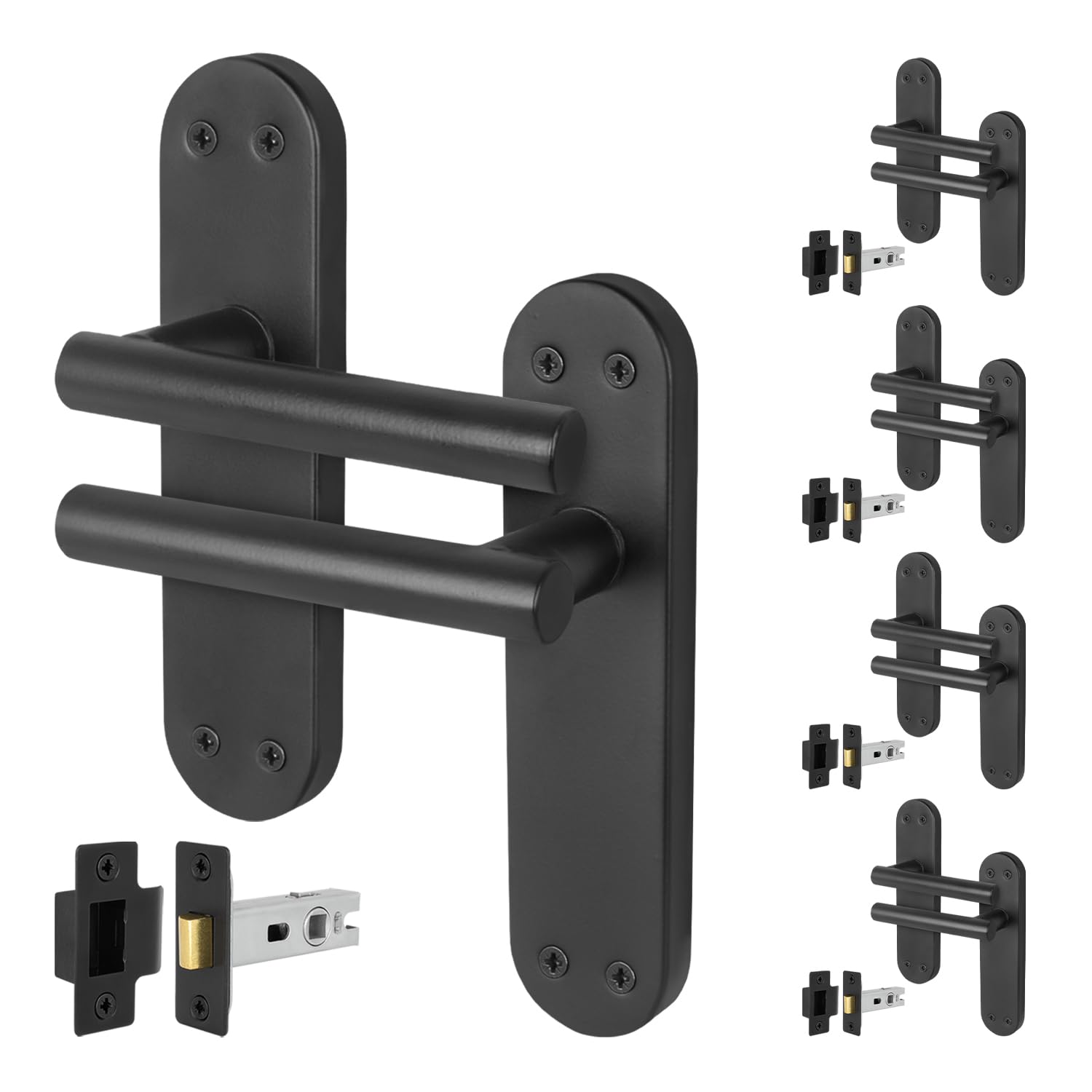 EAI Black Door Handle Latch Set, 5 Pairs of Matt Black Internal Lever T-Bar Handles Backplate Latches (64mm) - Oliena