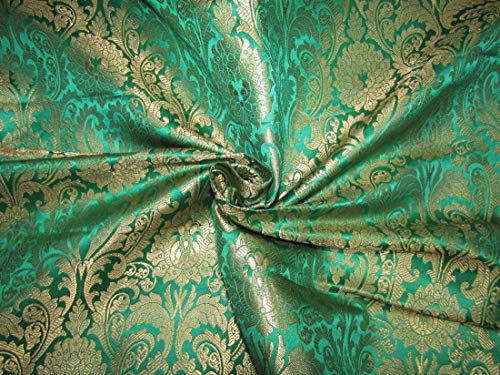 Tissu jacquard brocart vert doré métallisé rigide pour vêtement structuré