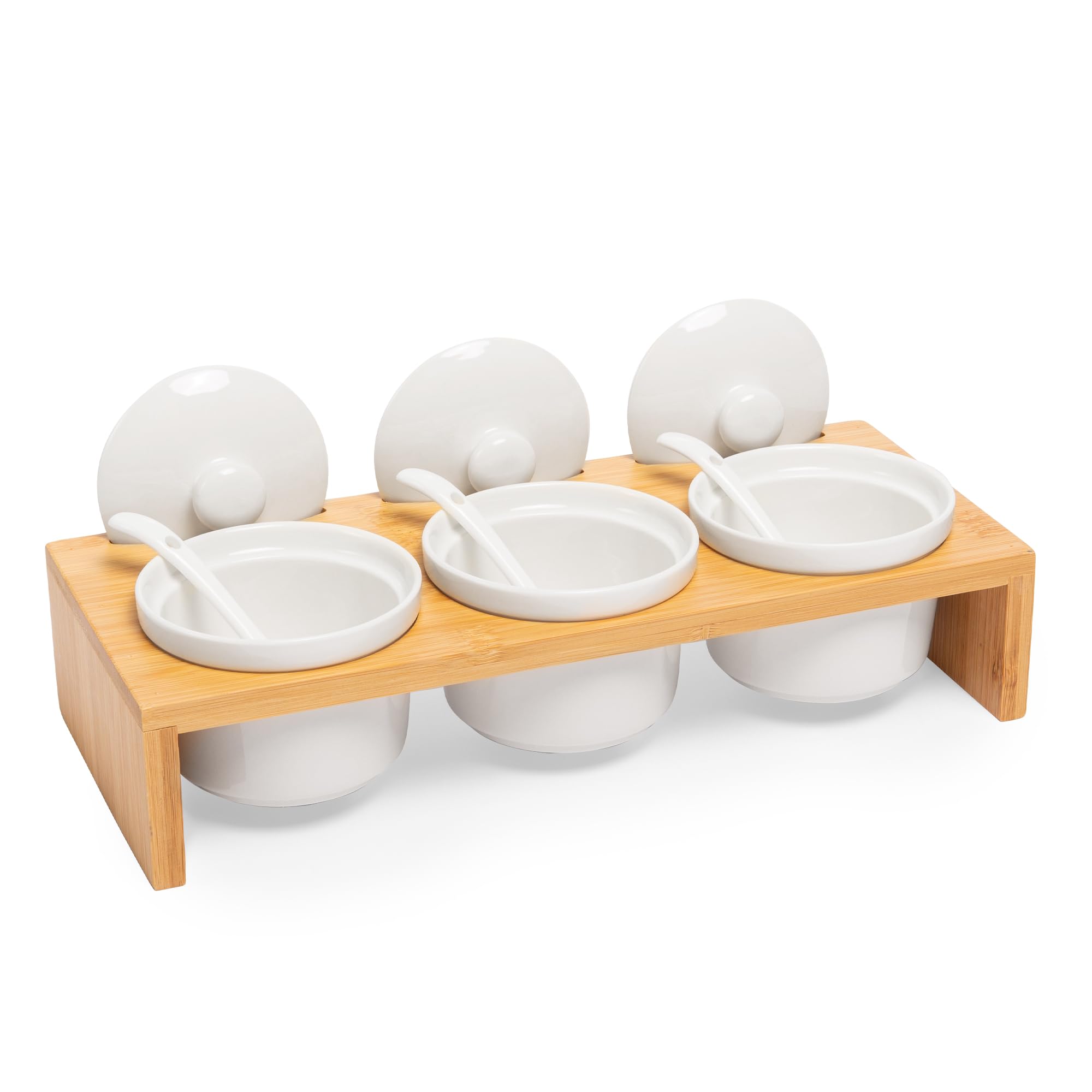 Defined Deco - Set di 3 ciotole per condimenti in legno, con coperchi e cucchiai, vassoio in bambù rialzato, per servire patatine e salse, colore: bianco