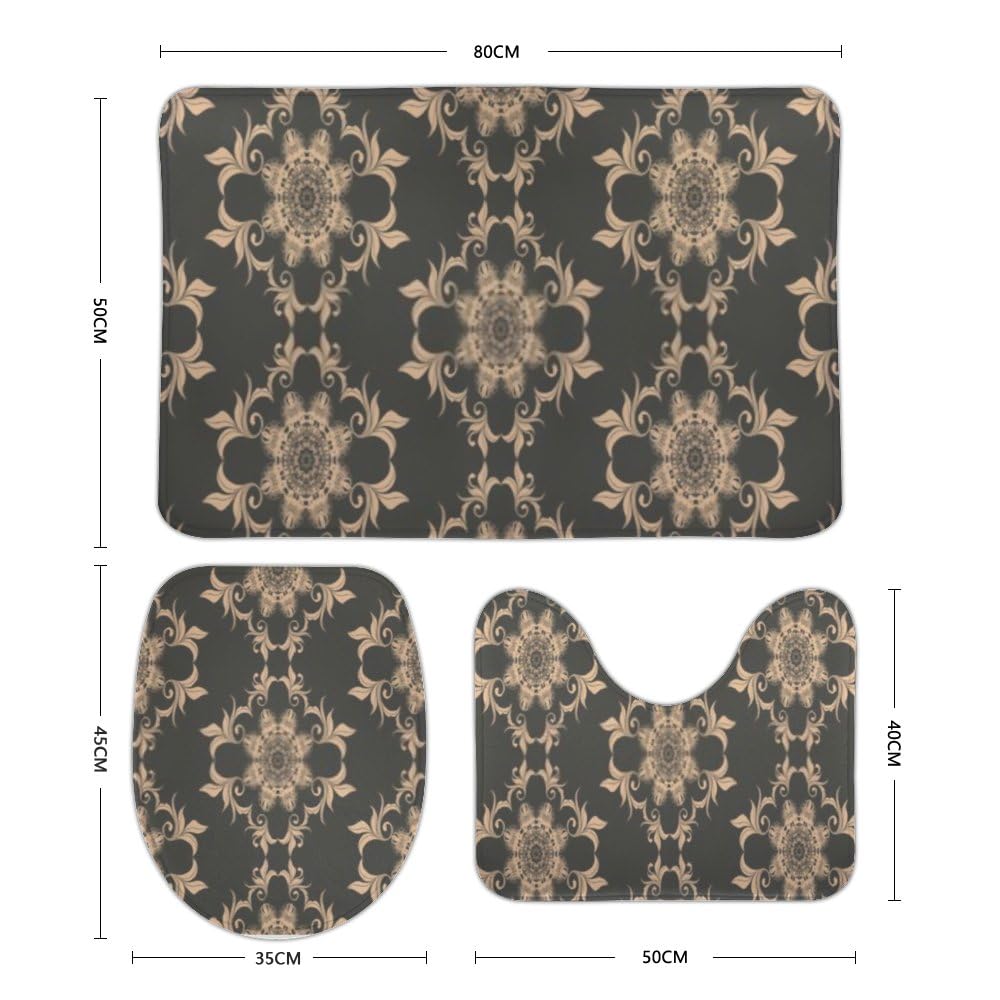 QAZPL Nuansexi Bathroom Rug Sets Ornament Background Black Bath Toilet Rugs Set 3 Piece Anti Slip U-Shape Contour Toilet Mat Coral Velvet Absorbent Machine Washable Bathroom Toilet Decor