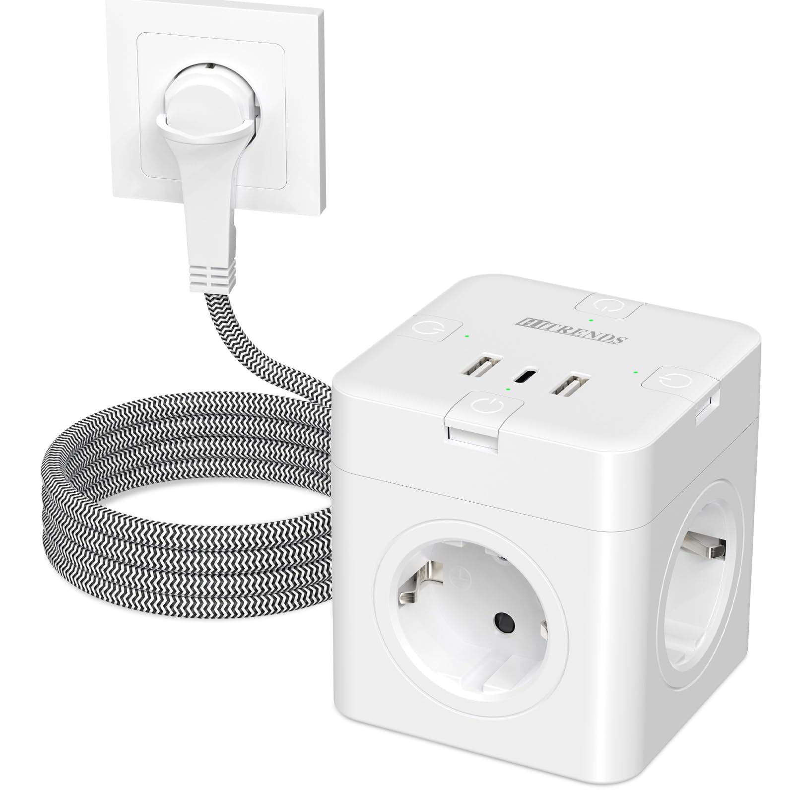 Kostka z pojedynczym przełącznikiem, 4 gniazda AC z płaską wtyczką, 7 w 1, Power Cube z plecionym kablem o długości 2 m, listwa zasilająca z USB, gniazdko do biura i podróży – biała