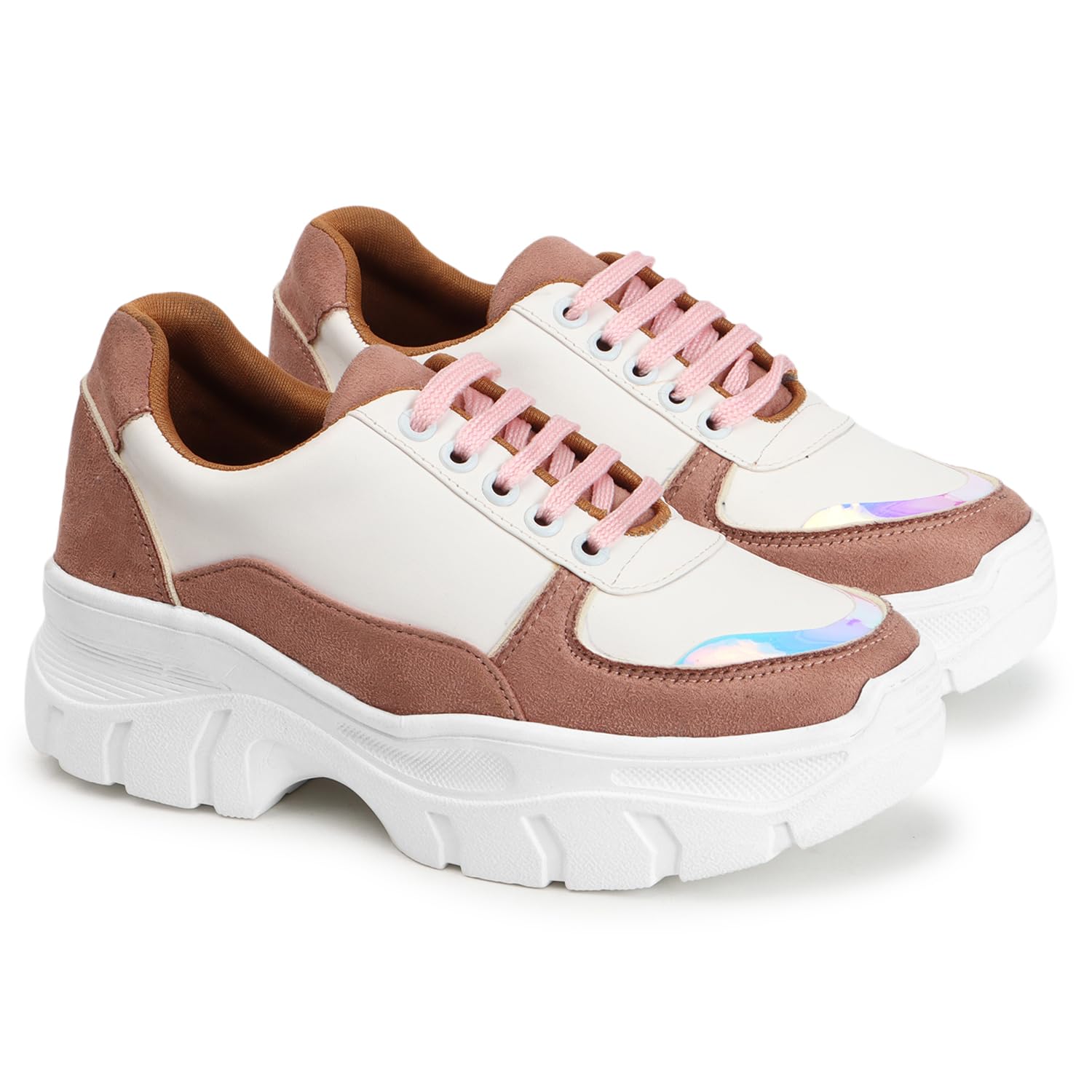 KRAFTER Lace-Up Sneakers Lightweight White Pink Casual Suede Velvet Sneakers for Women/Girls (B0DCW7BXT9) Amazon Price History, Amazon Price Tracker