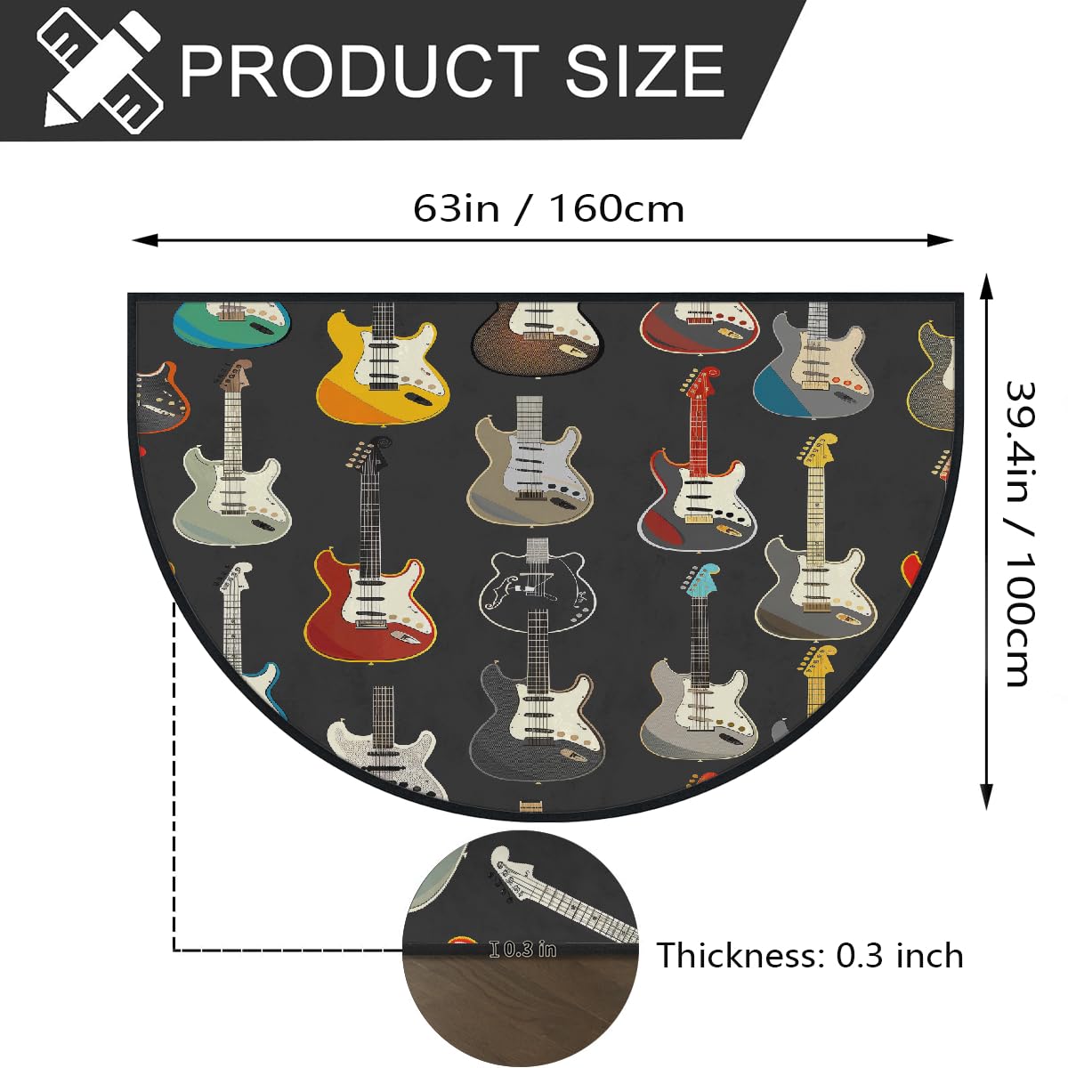 Mexpekil Paillasson demi-lune en forme de guitare pour intérieur et extérieur - Lavable - Demi cercle - Absorbant la saleté - 100 x 160 cm