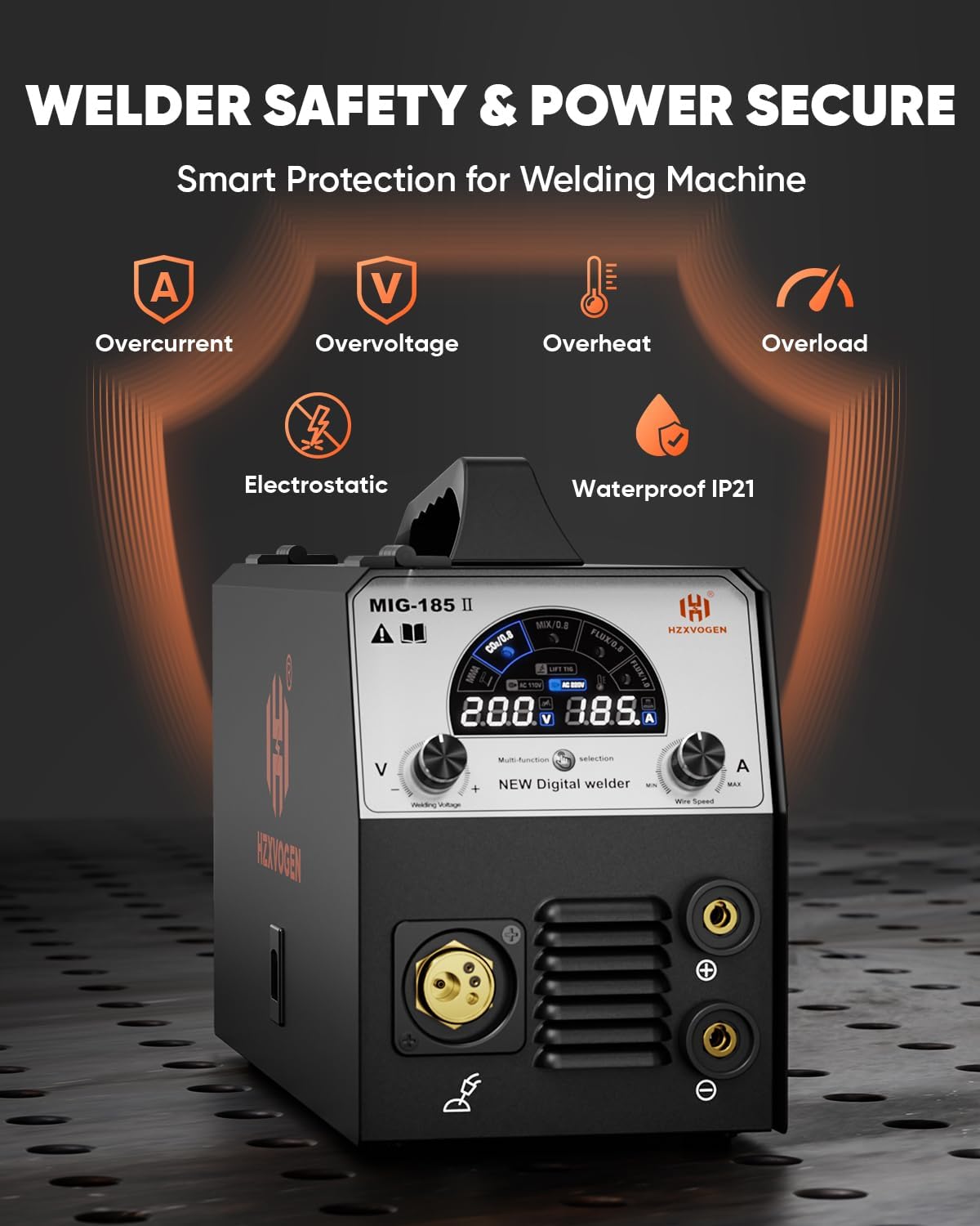H HZXVOGEN 185A Saldatrice MIG 4 in 1, Attrezzatura di Saldatura Sinergica con Gas/Senza Gas/TIG Lift/Elettrodo, 230V IGBT Inverter, Ampio Schermo LCD – Ideale per Principianti e Professionisti