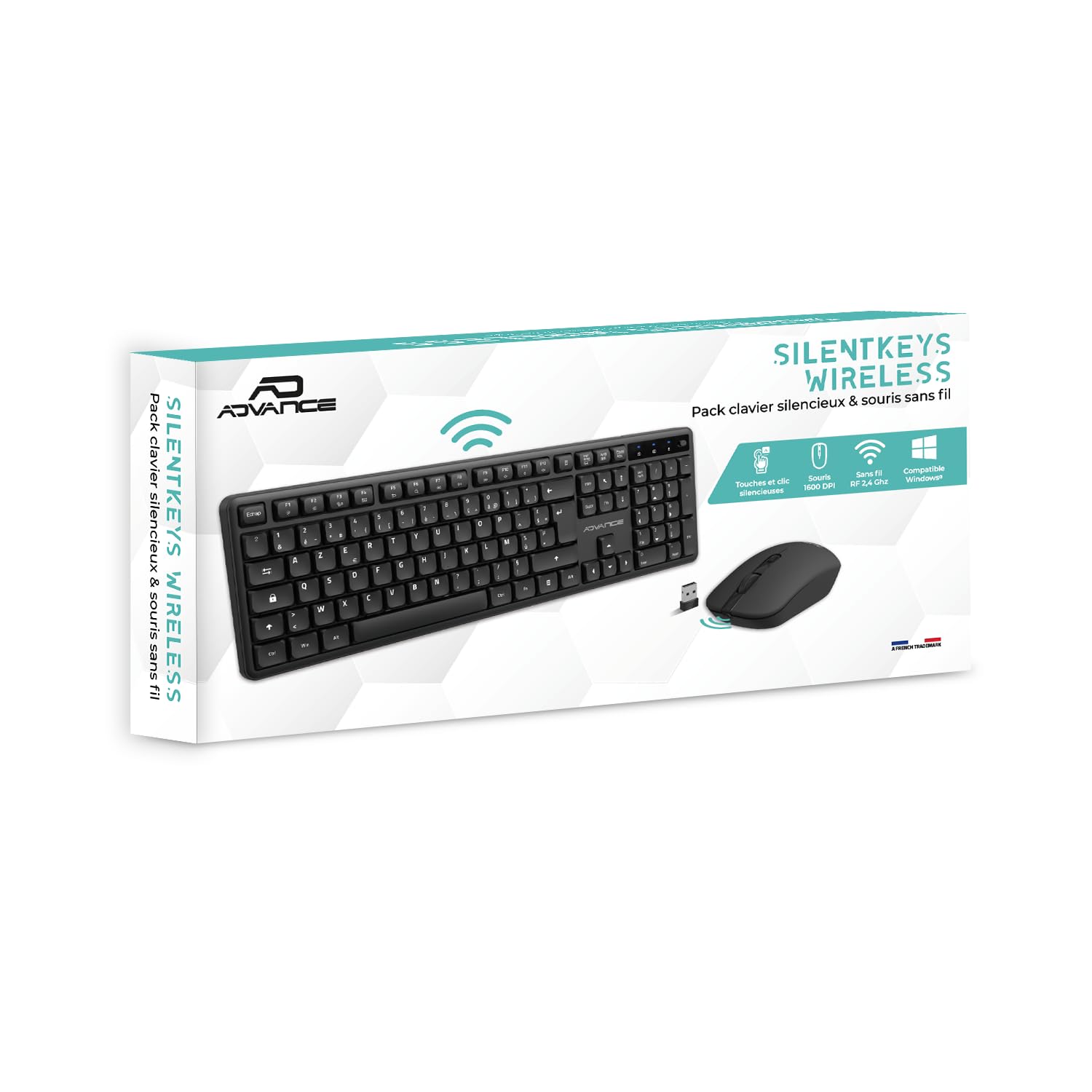 AD ADVANCE - SilentKeys, Pack Clavier Souris sans Fil Silencieux pour PC et Mac, Clavier AZERTY 105 Touches, 12 Raccourcis Multimédias, Hauteur Réglable, Souris 1600 DPI, Dongle USB, Noir