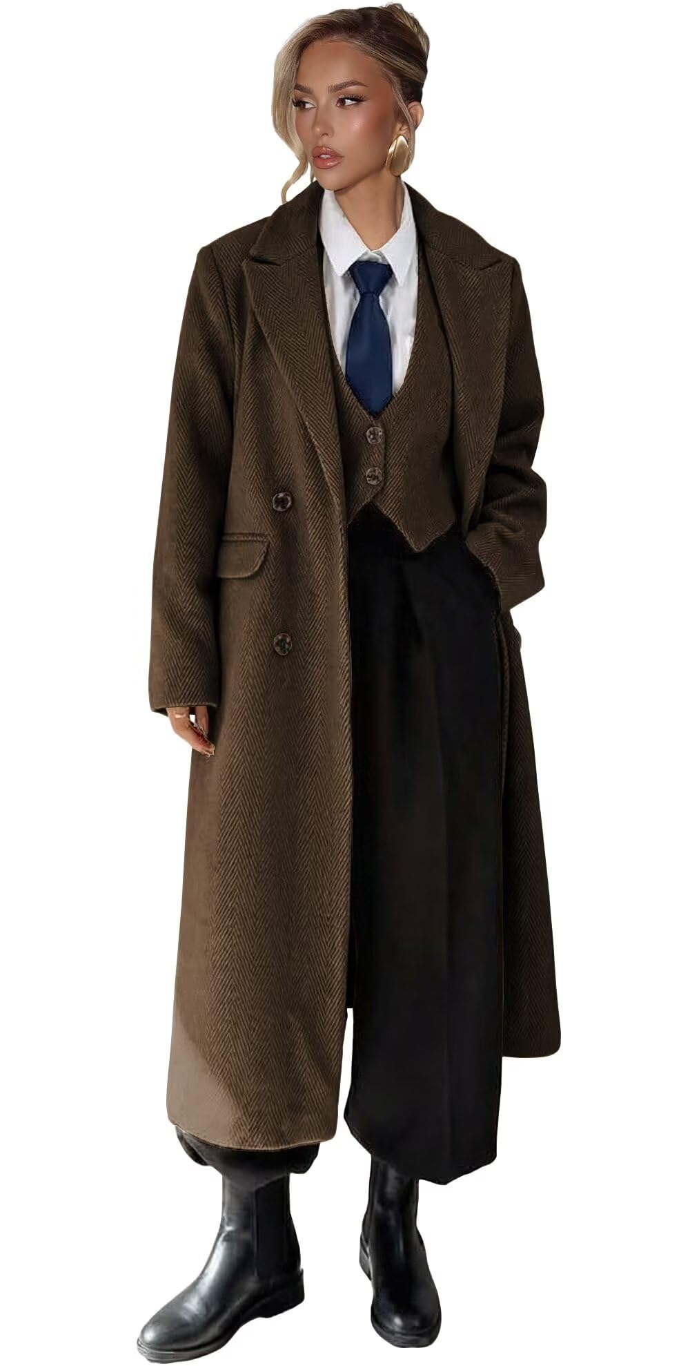Womens Trench Coat Tweed Herringbone 2 Piece Long Pea Coat Women Double Breasted Notch Lapel Vest and Jackets