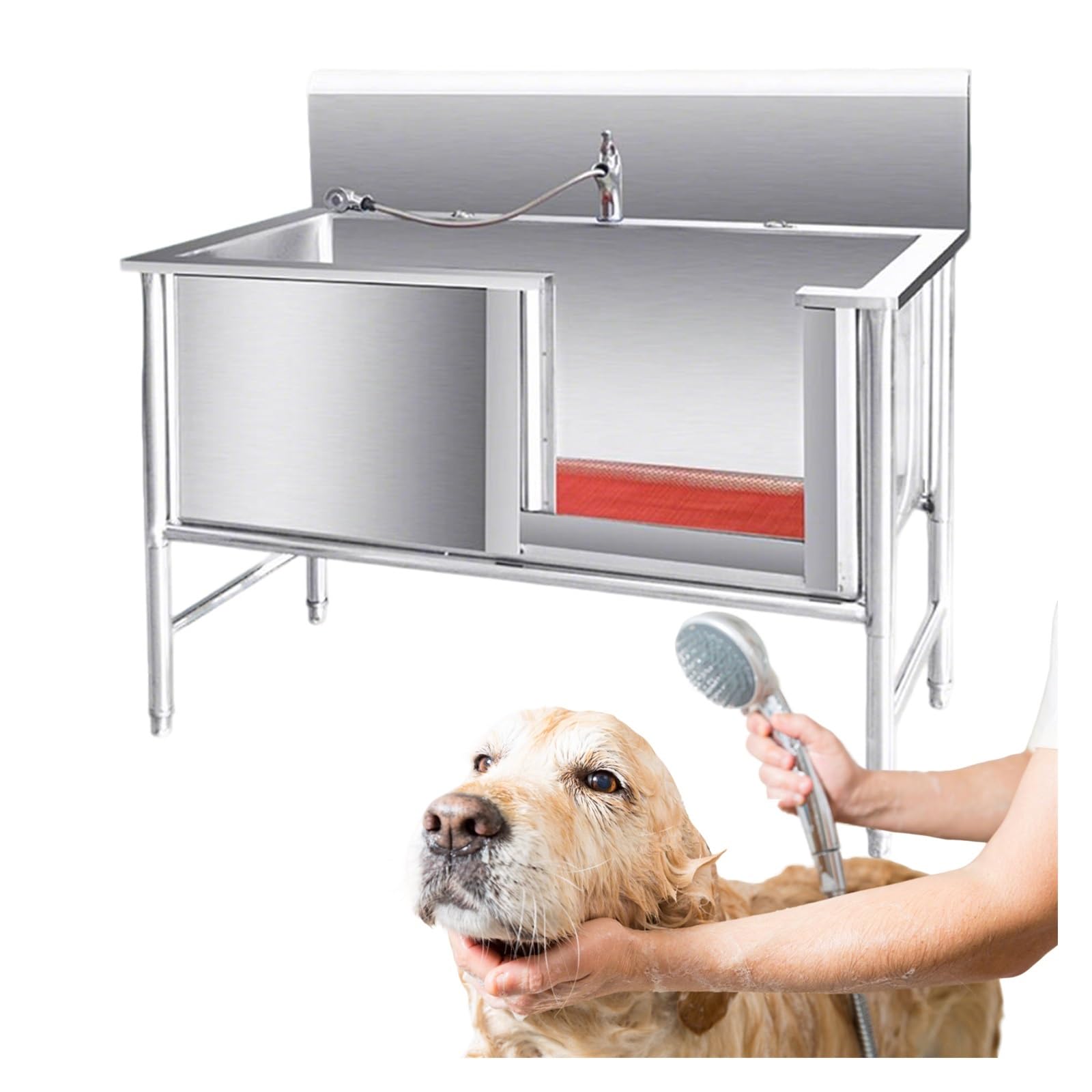 Bañera profesional para mascotas con desagüe y puerta corredera para animales grandes