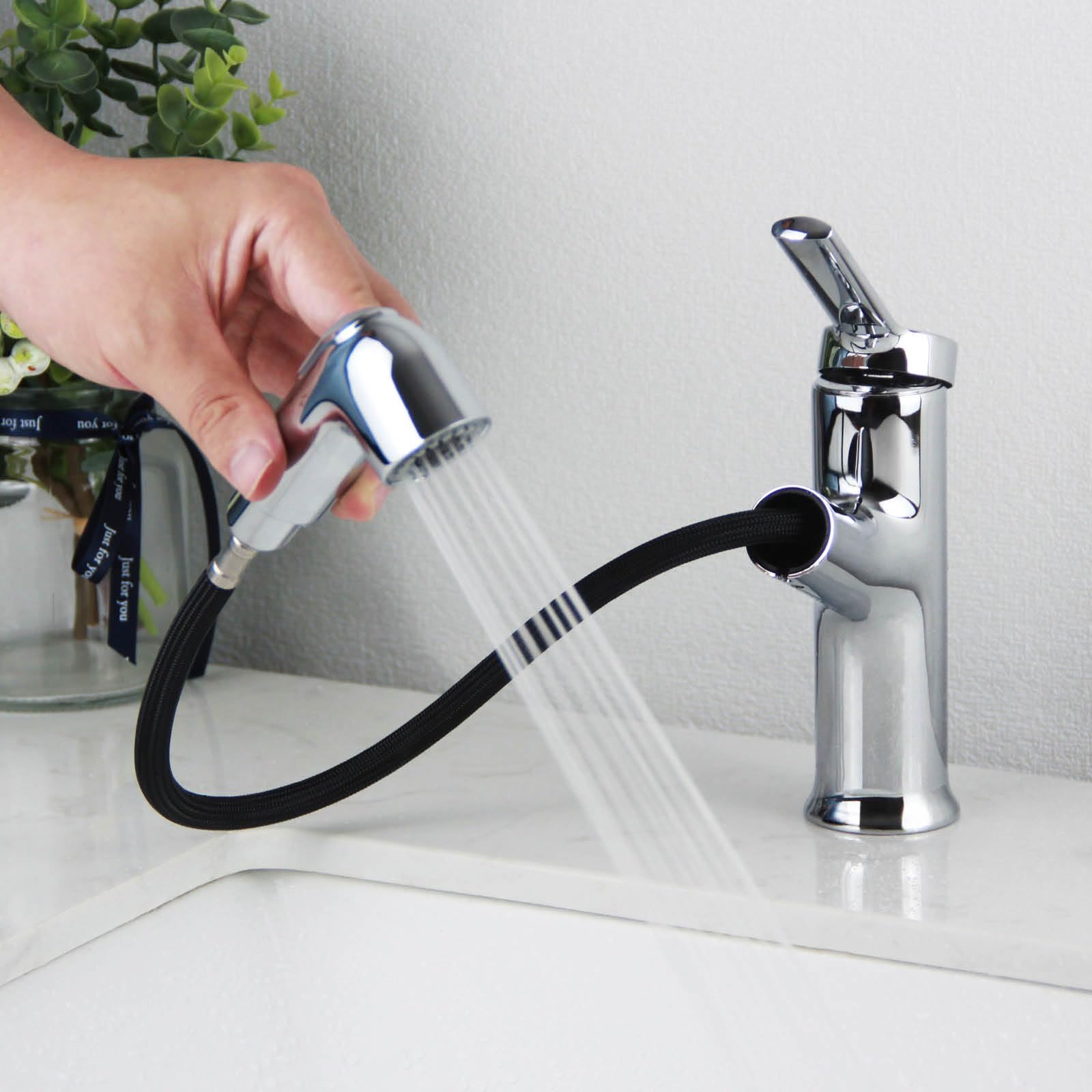Wasserhahn Bad Ausziehbar, SEMANEY Waschtischarmatur mit Herausziehbarer Brause, Mischbatterie Waschbecken 2 Wasserstrahlarten, Einhebelmischer Waschbecken Armaturen, Chrom