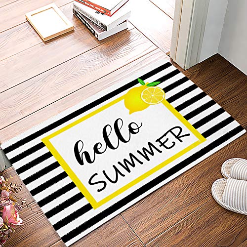 Funny Doormat Welcome Mat,Summer Yellow Lemon Fruit,Non-Slip Front Door Mats Rugs for Indoor Outdoor Entrance,Black and Stripes,Personalized Custom Entry Mats Carpets Absorbent Water and Mud,16x24inch
